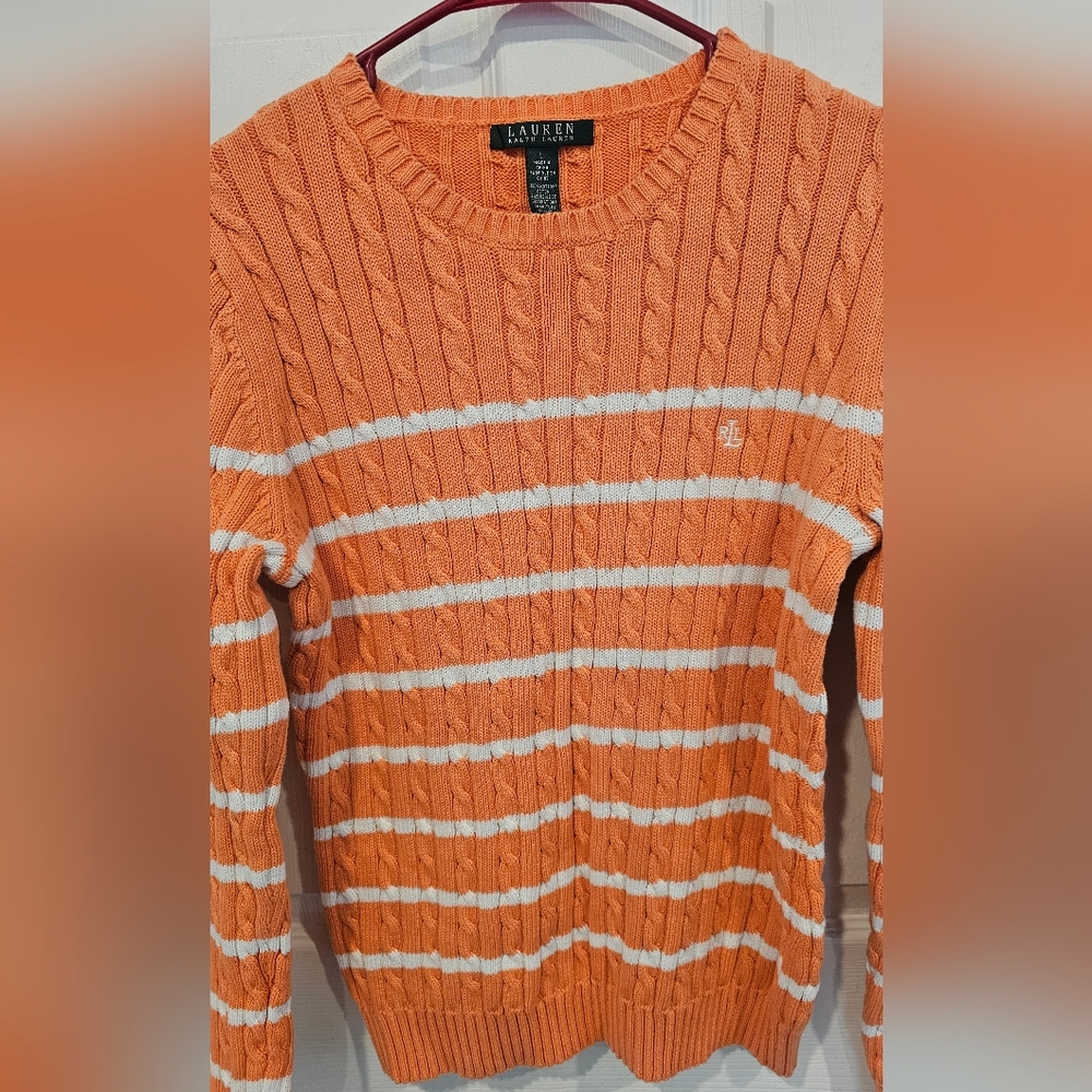L-RL Women's Soft Orange & White Cable Crewneck Knit Sweater Size--L - Picture 7 of 10